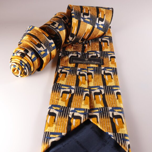 Ermenegildo Zegna 100% Silk Necktie Abstract Gold Blue Black Made in Italy 59" - Picture 3 of 6